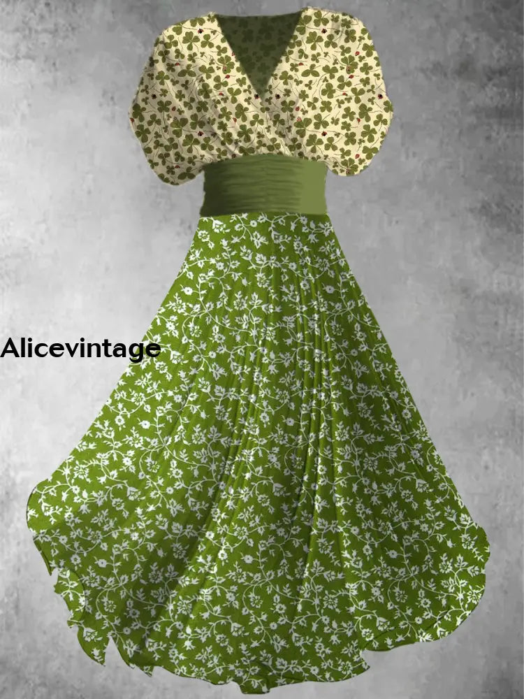Floral Print Elegant V-Neck Vintage Chic Short Sleeve Maxi Dress A / S