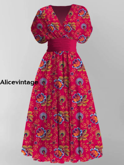 Floral Print Elegant V-Neck Vintage Chic Short Sleeve Maxi Dress A / S