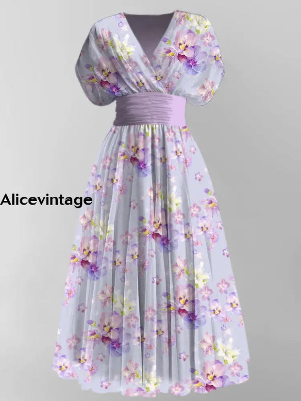 Floral Print Elegant V-Neck Vintage Chic Short Sleeve Maxi Dress A / S