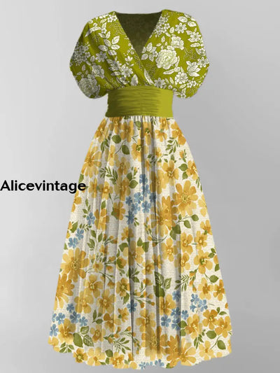 Floral Print Elegant V-Neck Vintage Chic Short Sleeve Maxi Dress A / S