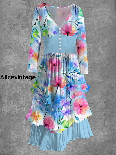 Floral Print Long Sleeve V-Neck Button Up Retro Midi Dress A / S