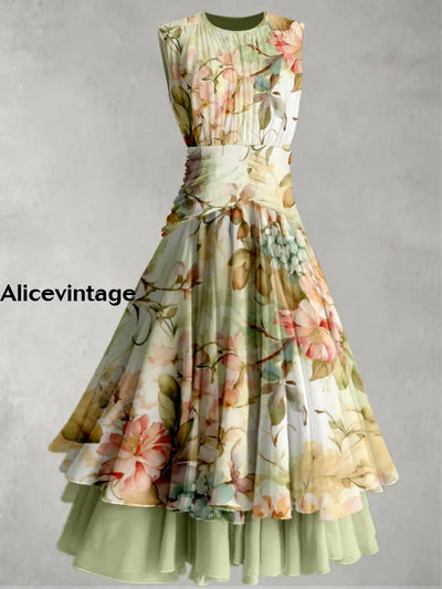 Floral Print Retro Elegant Chic Sleeveless Maxi Dress A / S