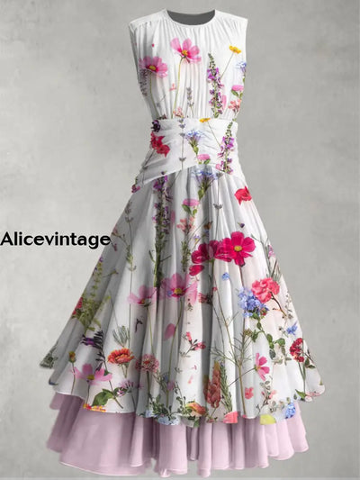 Floral Print Retro Elegant Chic Sleeveless Maxi Dress A / S