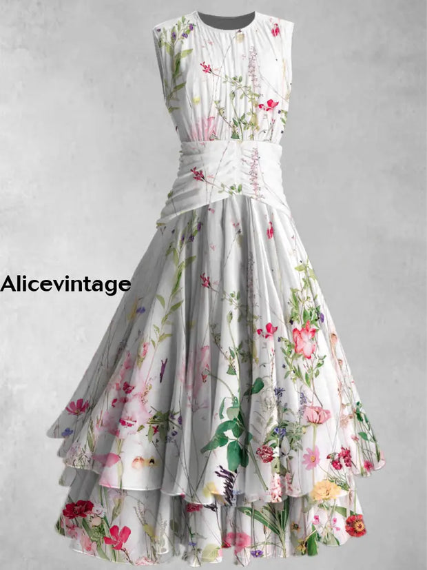 Floral Print Retro Elegant Chic Sleeveless Maxi Dress A / S