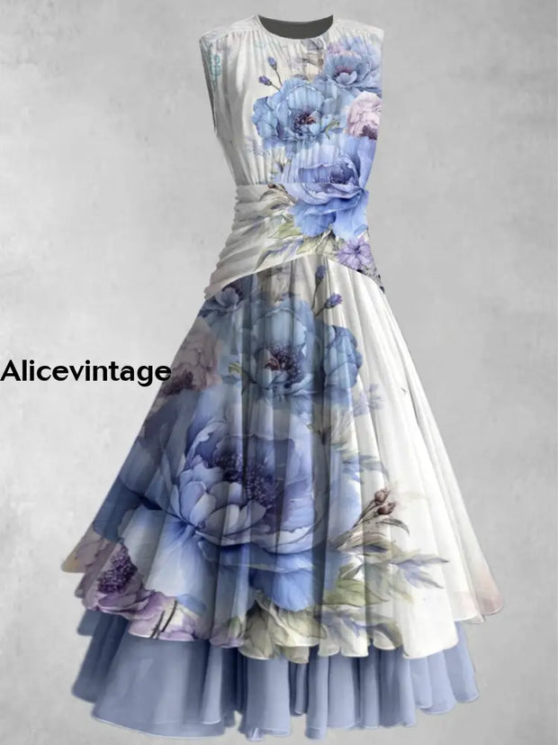 Floral Print Retro Elegant Chic Sleeveless Maxi Dress A / S