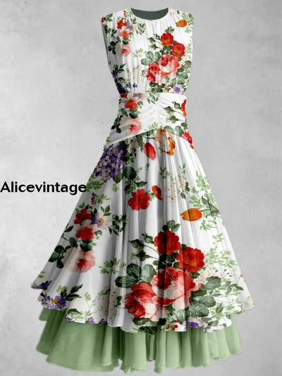 Floral Print Retro Elegant Chic Sleeveless Maxi Dress A / S