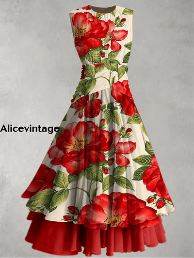 Floral Print Retro Elegant Chic Sleeveless Maxi Dress A / S