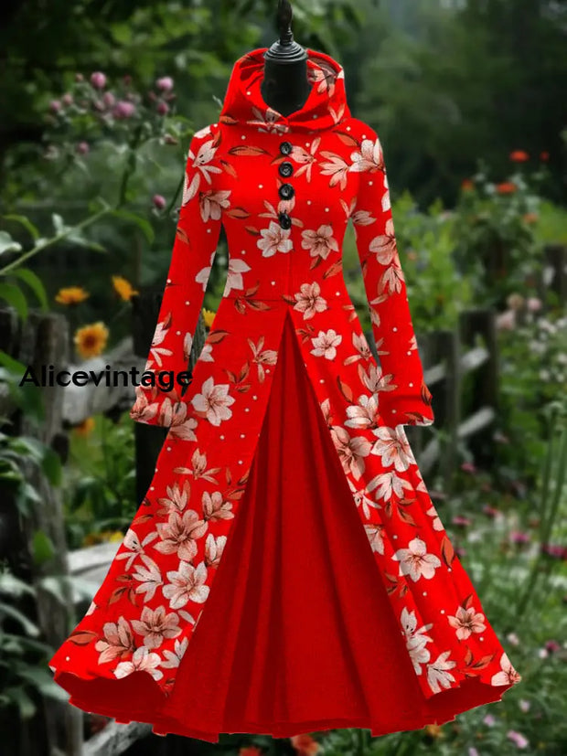 Floral Print Retro Elegant Long Sleeve Maxi Dress Fake Two-Piece A / S