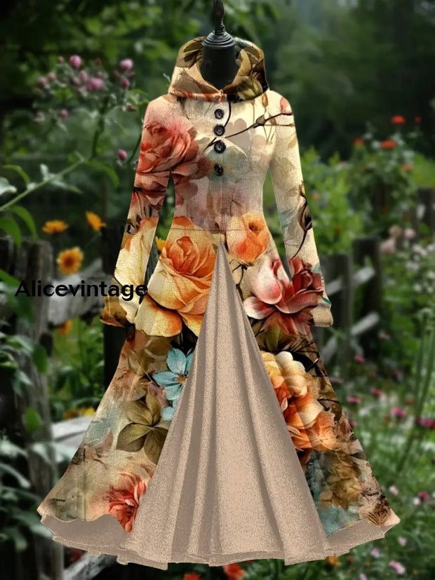 Floral Print Retro Elegant Long Sleeve Maxi Dress Fake Two-Piece A / S