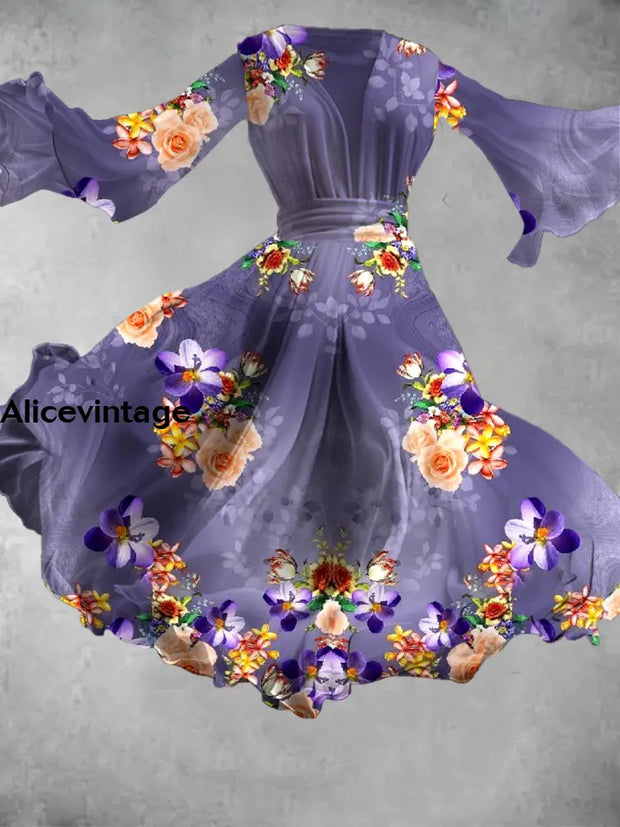 Floral Print Retro V-Neck Long Sleeve Flowy Midi Dress – alicevintage
