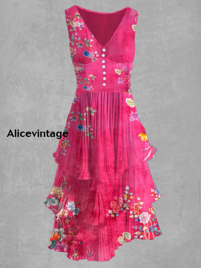 Floral Print Sleeveless V-Neck Button Up Retro Dress A / S