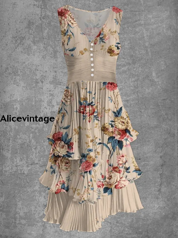 Floral Print Sleeveless V-Neck Button Up Retro Midi Dress A / S