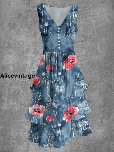 Floral Print Sleeveless V-Neck Button Up Retro Midi Dress A / S