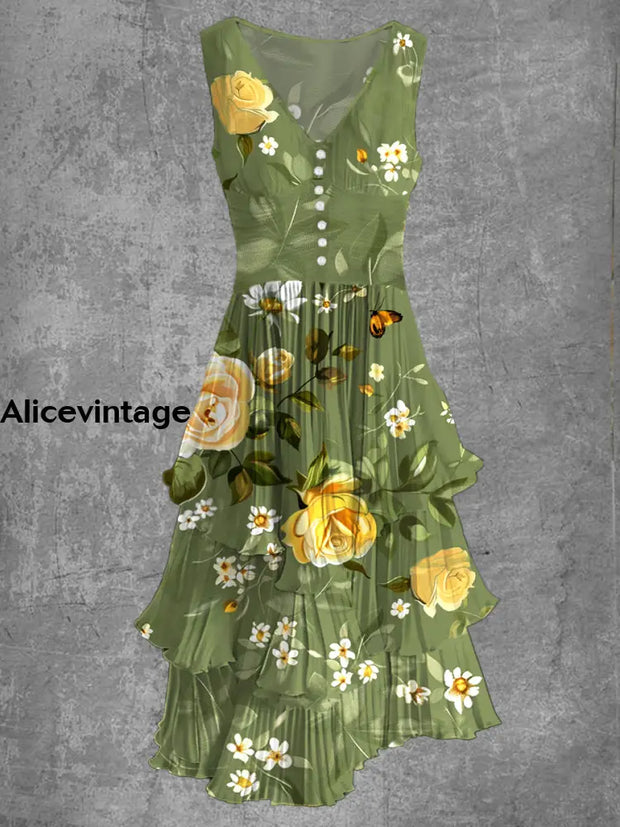 Floral Print Sleeveless V Neck Button Up Retro Midi Dress A / S