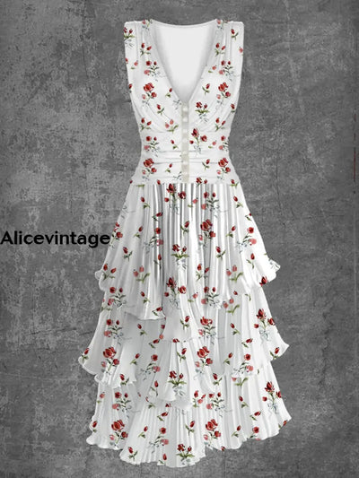 Floral Print Sleeveless V-Neck Button Up Retro Midi Dress A / S