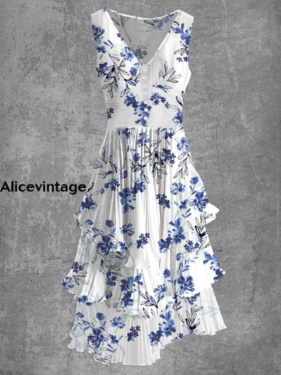 Floral Print Sleeveless V-Neck Button Up Retro Midi Dress A / S