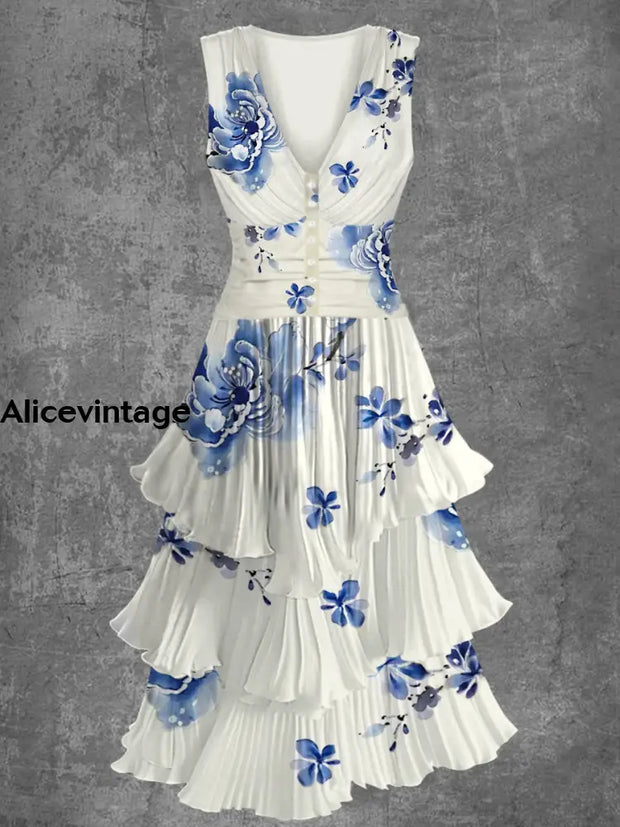 Floral Print Sleeveless V-Neck Button Up Retro Midi Dress A / S