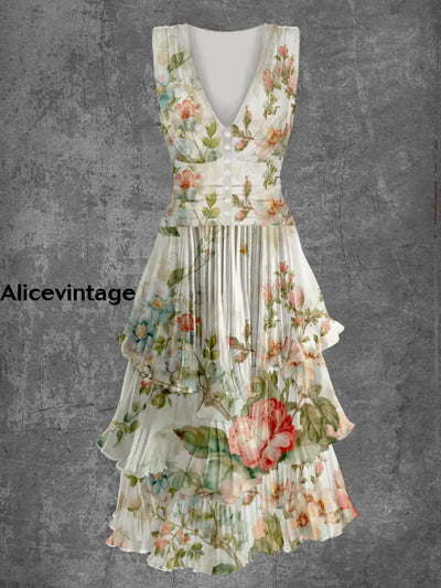 Floral Print Sleeveless V-Neck Button Up Retro Midi Dress A / S