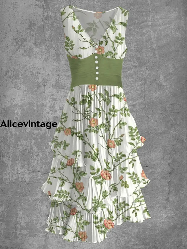 Floral Print Sleeveless V-Neck Button Up Retro Midi Dress A / S