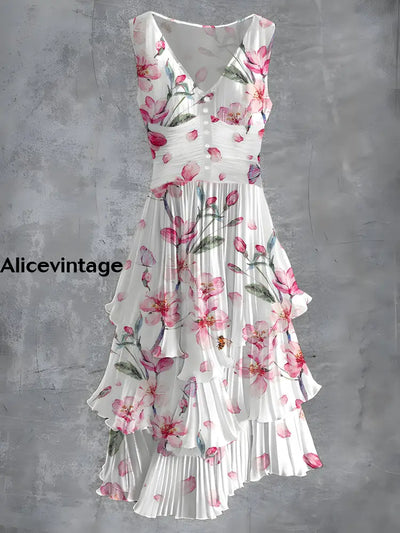 Floral Print Sleeveless V-Neck Button Up Retro Midi Dress A / S