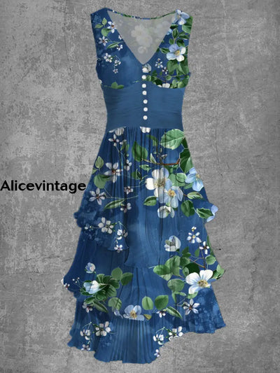 Floral Print Sleeveless V-Neck Button Up Retro Midi Dress A / S