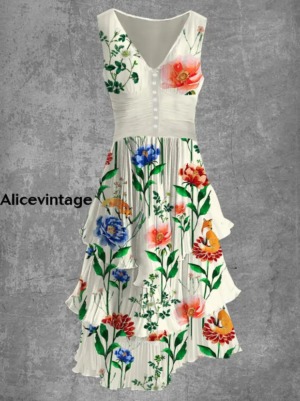 Floral Print Sleeveless V-Neck Button Up Retro Midi Dress A / S