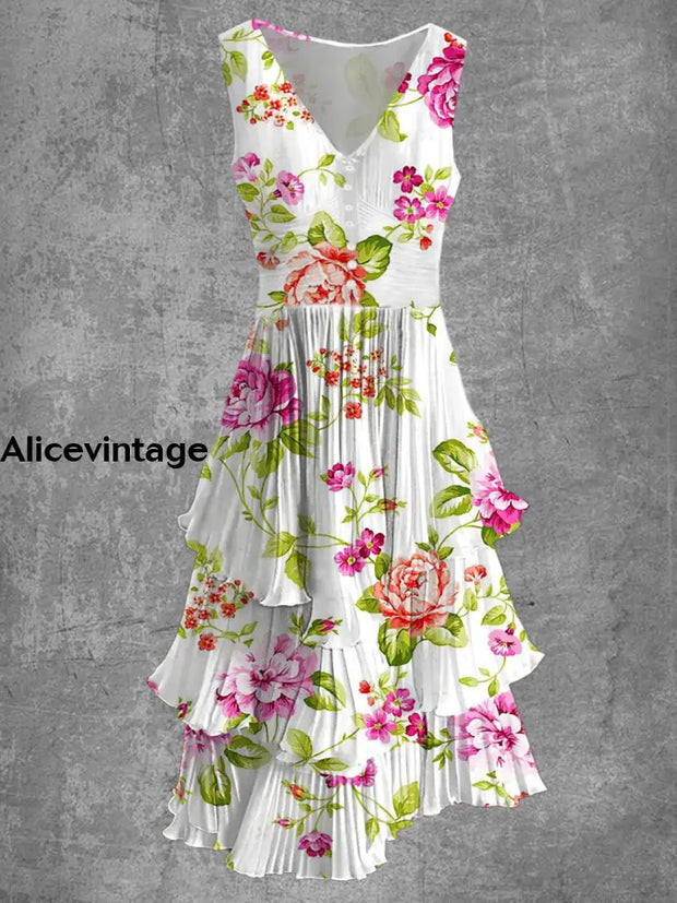 Floral Print Sleeveless V-Neck Button Up Retro Midi Dress A / S