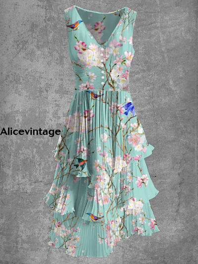 Floral Print Sleeveless V Neck Button Up Retro Midi Dress A / S