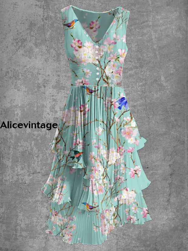 Floral Print Sleeveless V Neck Button Up Retro Midi Dress A / S