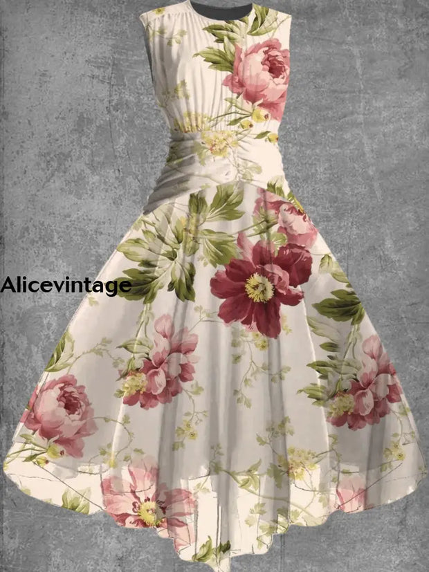 Floral Print Sleeveless Vintage Fashion Maxi Dress A / S