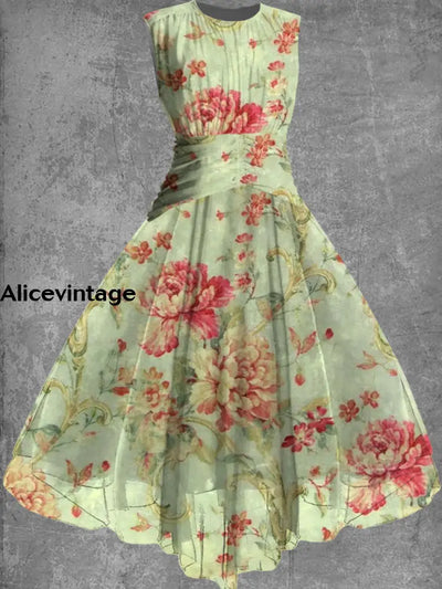 Floral Print Sleeveless Vintage Fashion Maxi Dress A / S