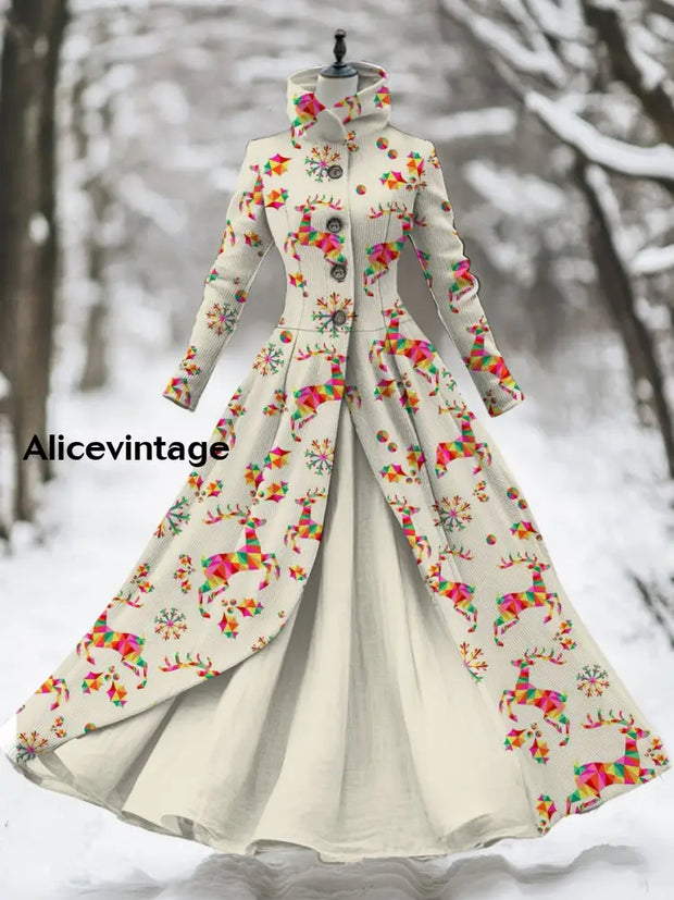 Floral Print Stand Collar Vintage Elegant Long Sleeve Fake Two Piece Maxi Dress A / S