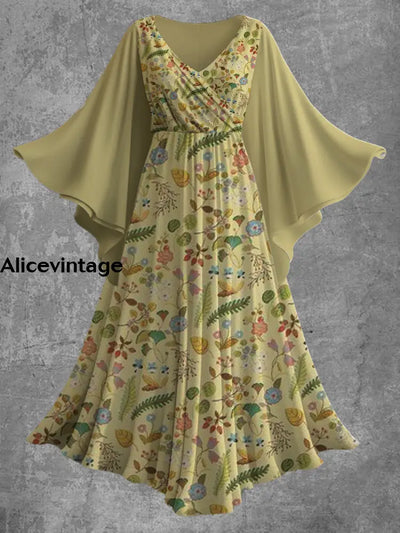 Floral Print V-Neck Bat Sleeve Vintage Elegant Maxi Dress A / S