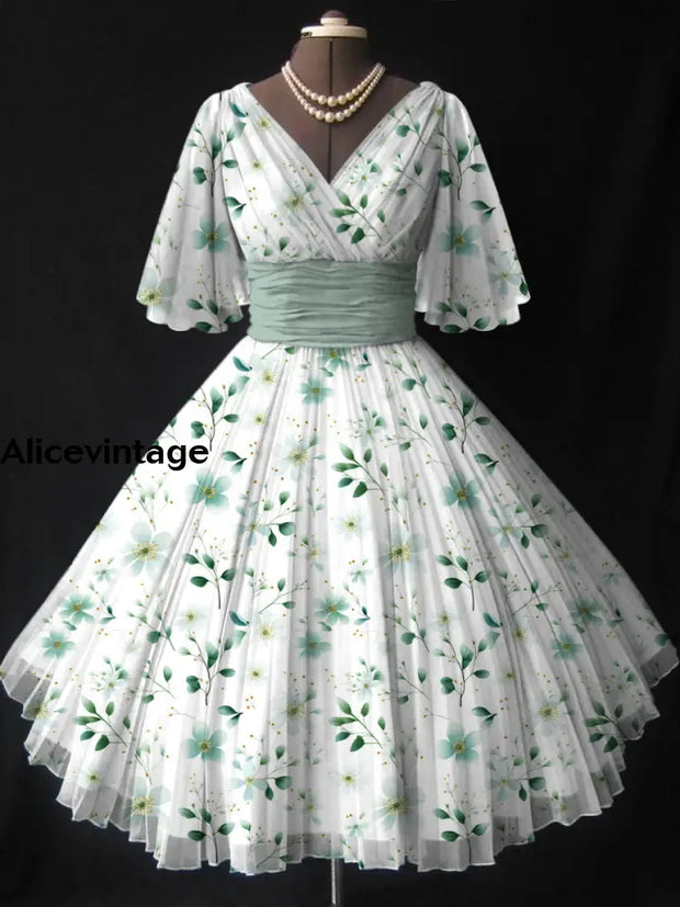 Floral Print V-Neck Elegant Vintage Fashion Short Sleeve Midi Dress A / S