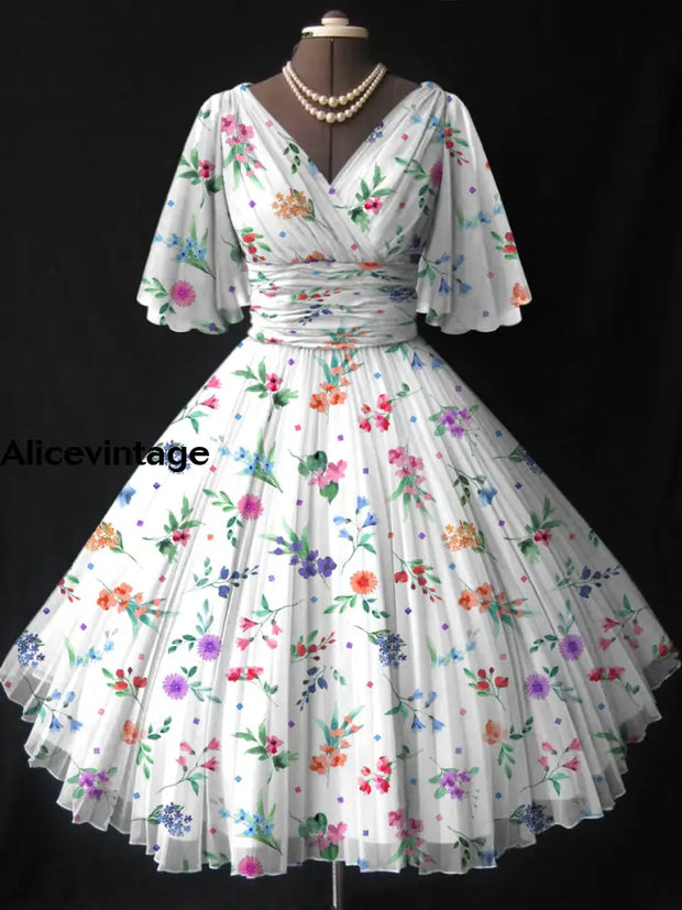 Floral Print V-Neck Elegant Vintage Fashion Short Sleeve Midi Dress A / S