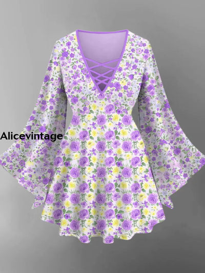 Floral Print V-Neck Long Sleeve Retro Shirt A / S