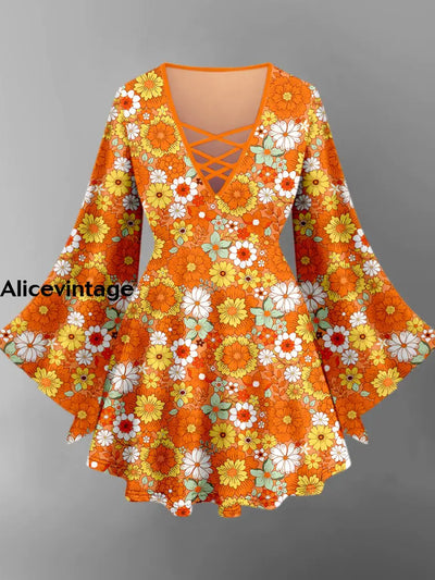 Floral Print V-Neck Long Sleeve Retro Shirt A / S