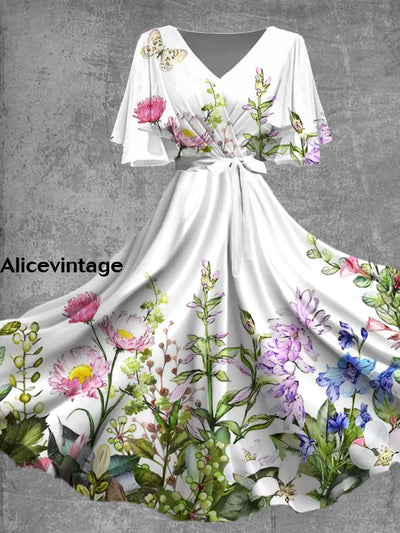 Floral Print V-Neck Short Sleeve Chic Flowy Vintage Midi Dress A / S