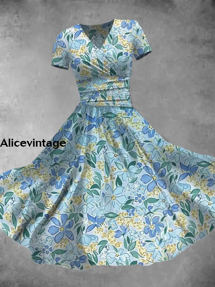 Floral Print V-Neck Short Sleeve Retro Midi Dress A / S