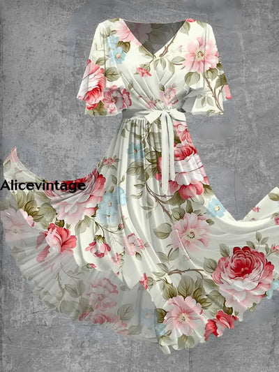 Floral Print V-Neck Short Sleeve Vintage Chic Flowy Midi Dress A / S