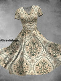 Floral Print V-Neck Short Sleeve Vintage Midi Dress A / S