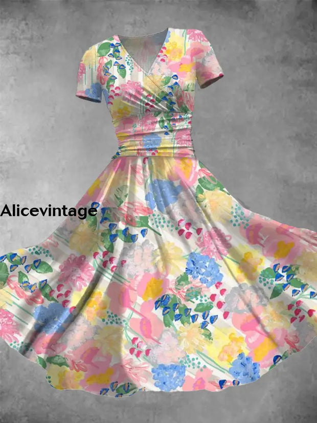 Floral Print V-Neck Short Sleeve Vintage Midi Dress A / S