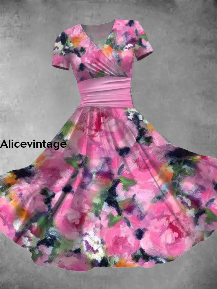 Floral Print V-Neck Short Sleeve Vintage Midi Dress A / S