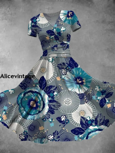 Floral Print V-Neck Short Sleeve Vintage Midi Dress A / S