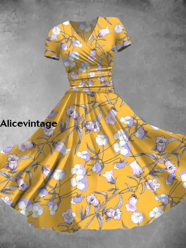 Floral Print V-Neck Short Sleeve Vintage Midi Dress A / S