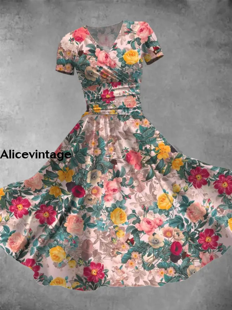 Floral Print V-Neck Short Sleeve Vintage Midi Dress A / S