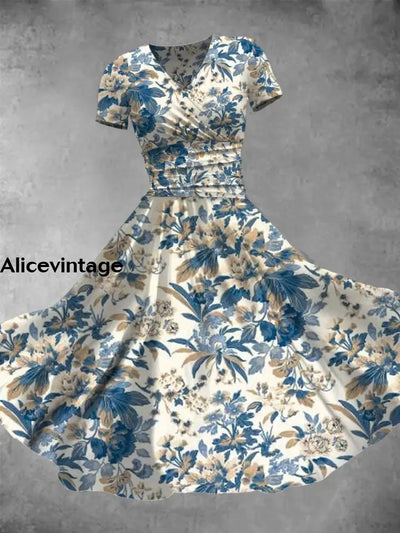 Floral Print V-Neck Short Sleeve Vintage Midi Dress A / S