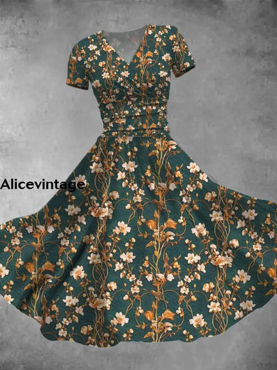 Floral Print V-Neck Short Sleeve Vintage Midi Dress A / S