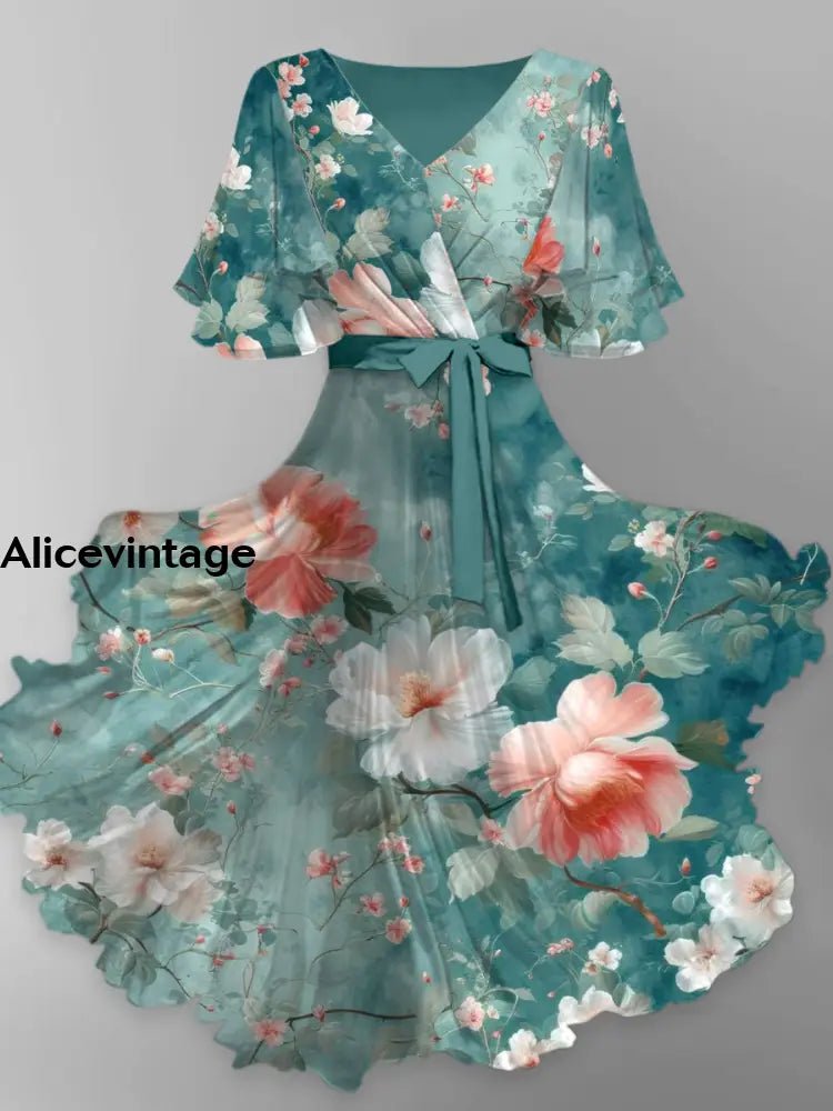 Floral Print V-Neck Vintage Chic Short Sleeve Midi Dress A / S
