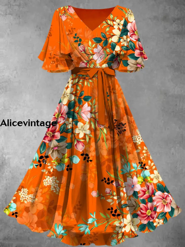 Floral Print V-Neck Vintage Chic Short Sleeve Midi Dress A / S